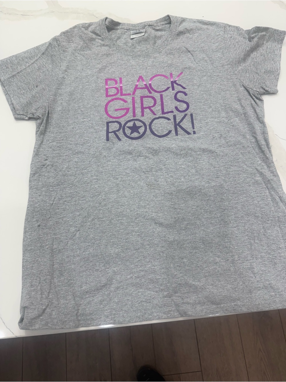 Gildan Heather Gray Tee with Pink-to-Purple "BLACK GIRLS ROCK!" Graphic